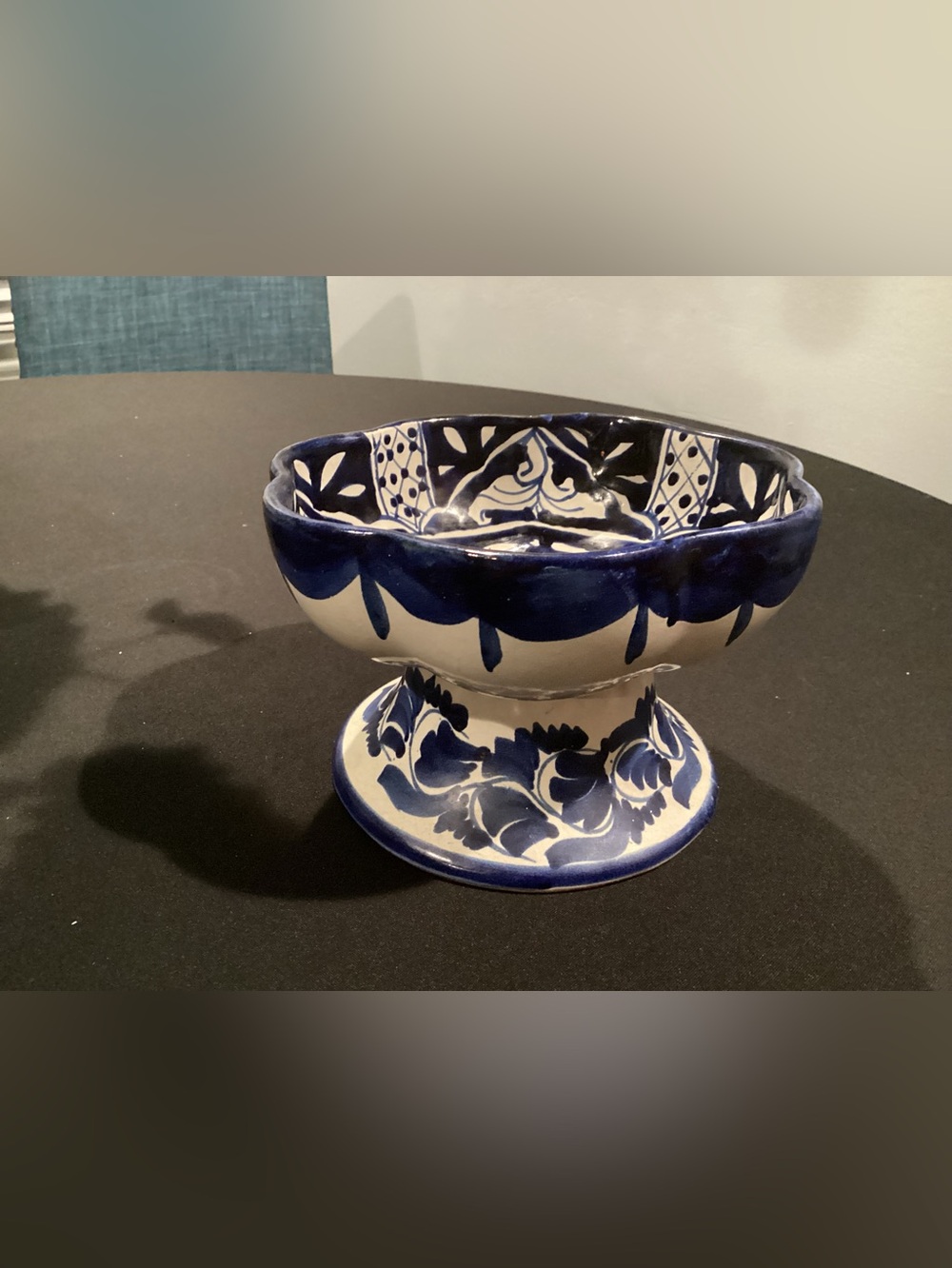 Plomo Blue and White Hand-Painted  Vintage Ceramic Pedestal Compote